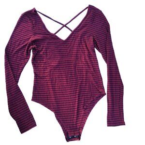 Striped Burgundy & Black Long Sleeve Women Bodysuit With Cross Back/ Medium